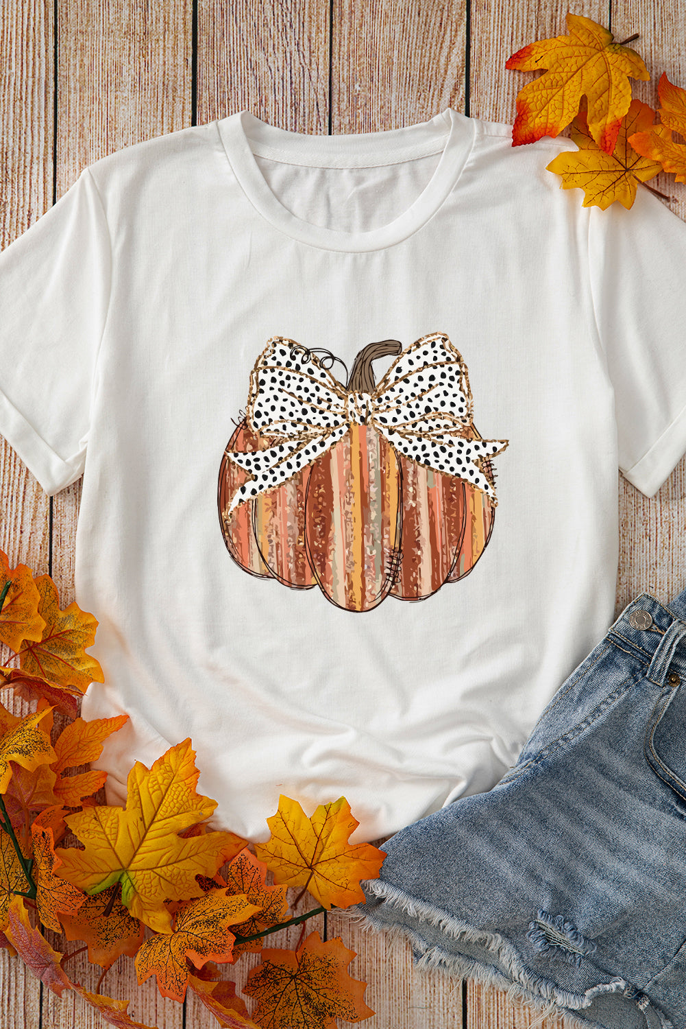 White Thanksgiving Bow Knot Pumpkin Print Round Neck T Shirt Graphic Tees JT's Designer Fashion