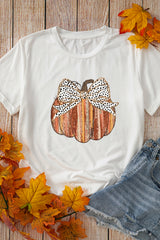 White Thanksgiving Bow Knot Pumpkin Print Round Neck T Shirt Graphic Tees JT's Designer Fashion