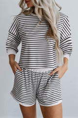Black Stripe Textured 3/4 Sleeve Top and Shorts Set Short Sets JT's Designer Fashion