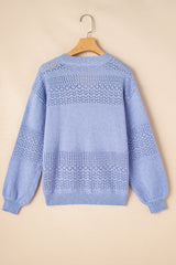 Sky Blue Eyelet Pattern Detail V Neck Drop Shoulder Sweater Sweaters JT's Designer Fashion