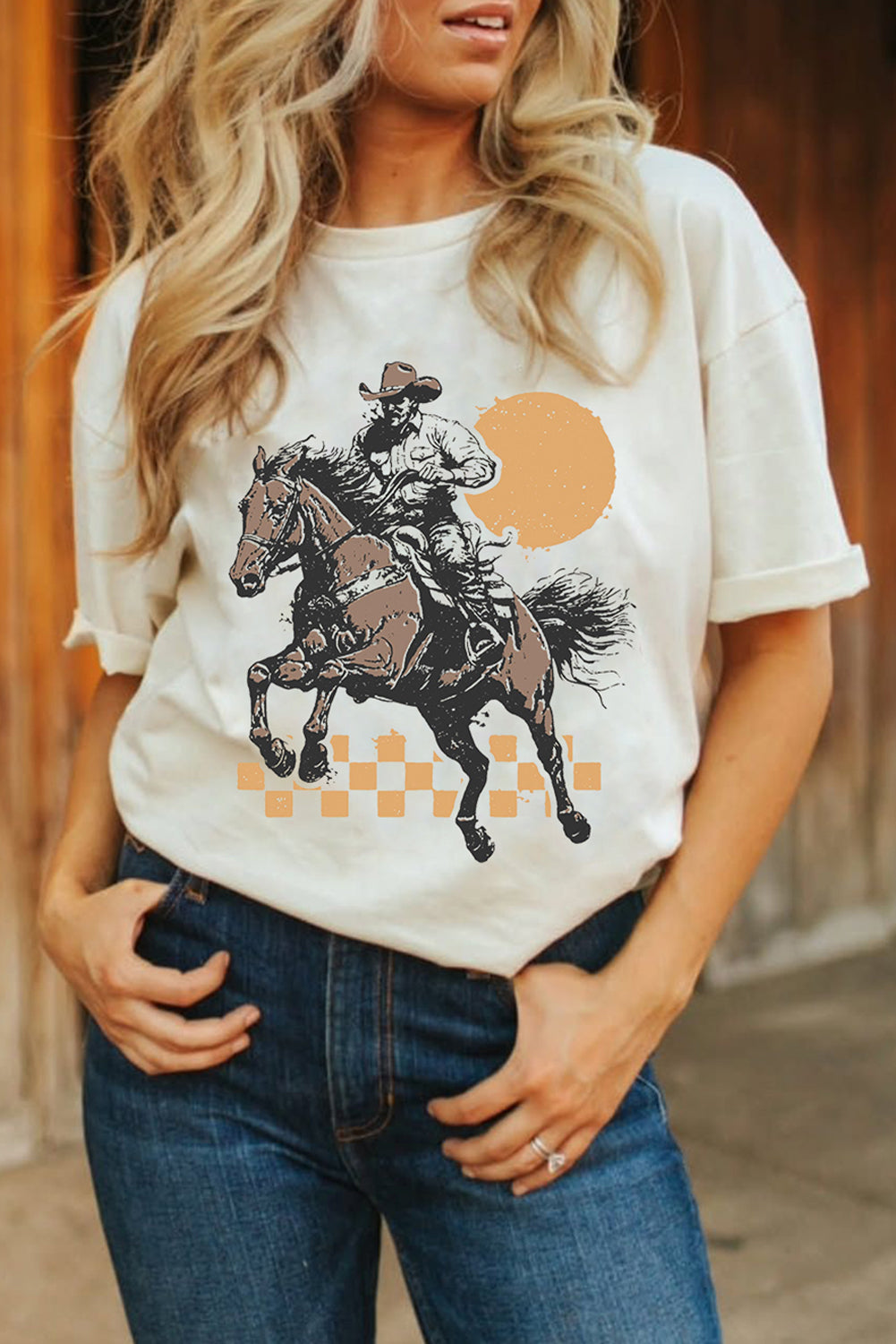 White Sunset Cowboy Print Western Fashion T Shirt Graphic Tees JT's Designer Fashion