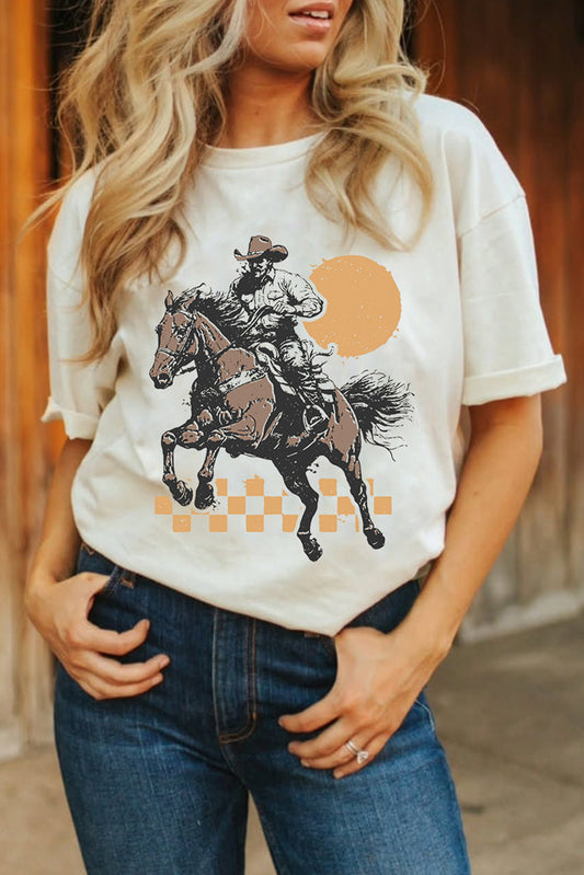 White Sunset Cowboy Print Western Fashion T Shirt Graphic Tees JT's Designer Fashion
