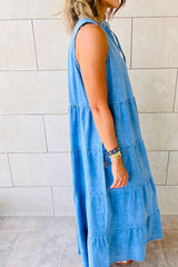 Blue Sleeveless Tiered Chambray Maxi Dress Dresses JT's Designer Fashion