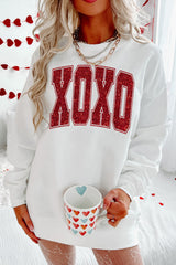 White Glitter XOXO Graphic Crewneck Valentines Pullover Sweatshirt White 50%Polyester+50%Cotton Graphic Sweatshirts JT's Designer Fashion