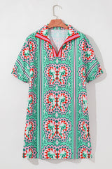Mint Green Geometric Butterfly Print Split Neck Short Sleeve Dress Mini Dresses JT's Designer Fashion