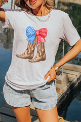 White Patriotic Bow Cowgirl Boots Printed Cotton Blend T Shirt Graphic Tees JT's Designer Fashion