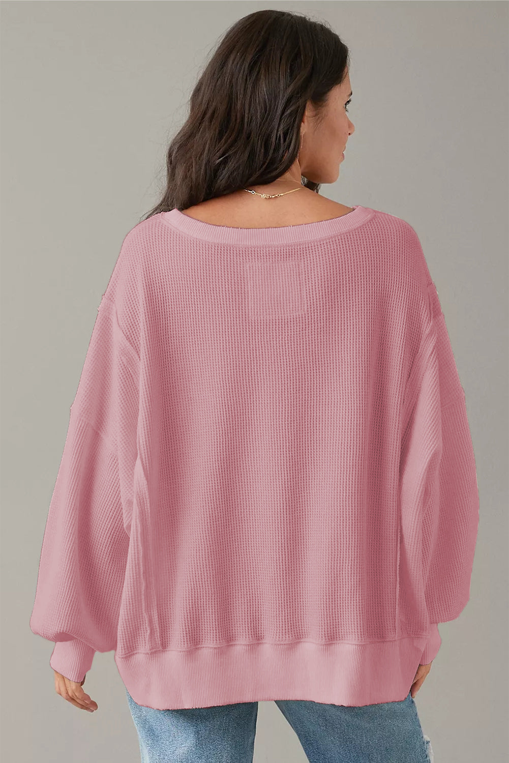 Pink Waffle Knit Bishop Sleeve Split Oversized Sweatshirt Sweatshirts & Hoodies JT's Designer Fashion