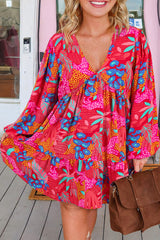 Rose Tropical Printed Lantern Sleeve V Neck Ruffled Plus Size Mini Dress Rose 100%Polyester Plus Size Mini Dresses JT's Designer Fashion