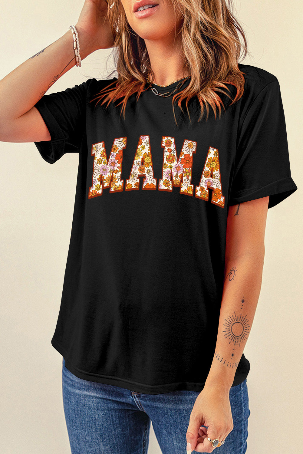 Black Flower Printed Mama Letter Graphic T-shirt Graphic Tees JT's Designer Fashion