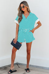 Sky Blue Stripe V Neck Tee and Casual Short Set Short Sets JT's Designer Fashion
