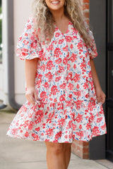 Red Floral Ruffled Half Sleeve V Neck Plus Size Dress Red 100%Polyester Plus Size Mini Dresses JT's Designer Fashion
