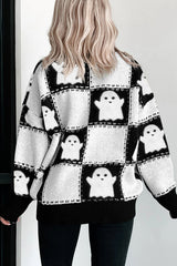 Black Halloween Ghost Checkered Drop Shoulder Sweater Sweaters JT's Designer Fashion