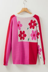 Rose Red Floral Mixed Color Block Sweater Sweaters & Cardigans JT's Designer Fashion