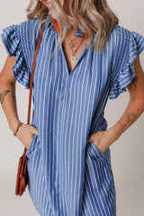 Sky Blue Stripe Frilly Split Neck Shirred Ruffle Sleeve Short Shift Dress Mini Dresses JT's Designer Fashion
