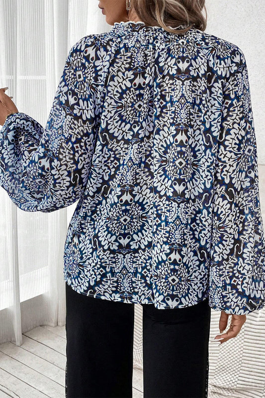 Blue Tribal Print Lace-up Frilled Neck Puff Sleeve Blouse Blouses & Shirts JT's Designer Fashion