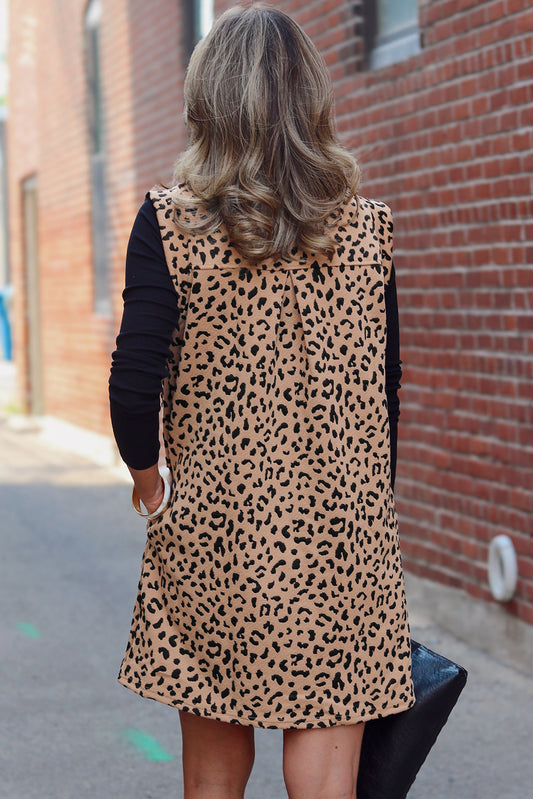 Khaki Leopard Print V Neck Sleeveless Collared Mini Dress Mini Dresses JT's Designer Fashion