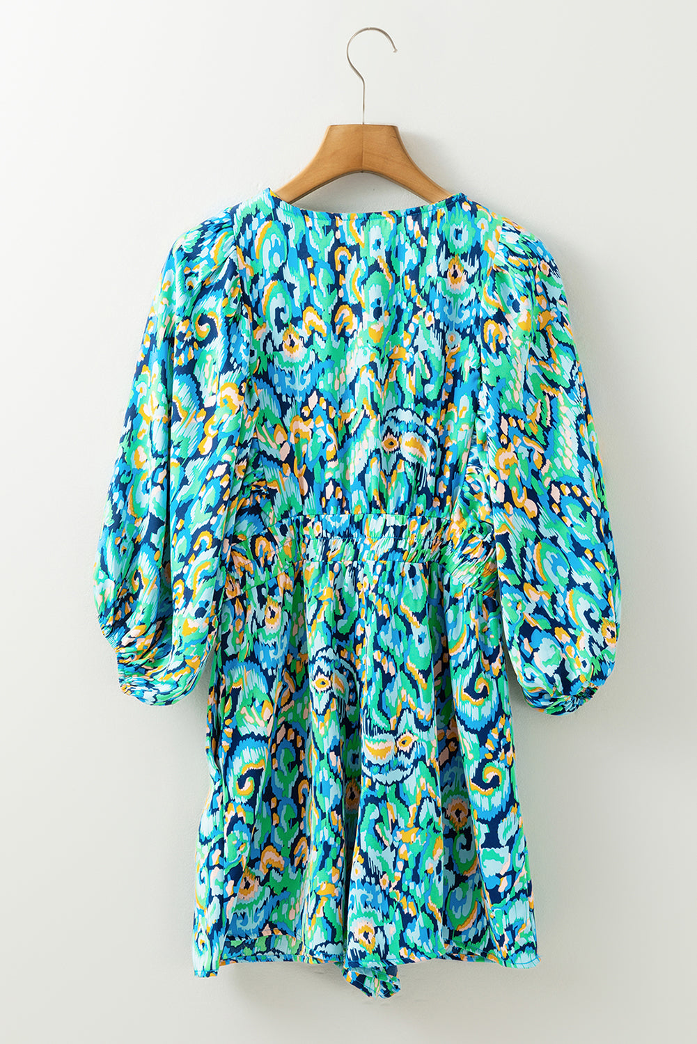 Green Abstract Print Puff Sleeve V Neck High Waist Romper Jumpsuits & Rompers JT's Designer Fashion