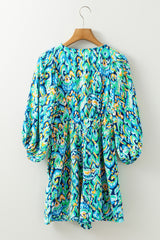 Green Abstract Print Puff Sleeve V Neck High Waist Romper Jumpsuits & Rompers JT's Designer Fashion