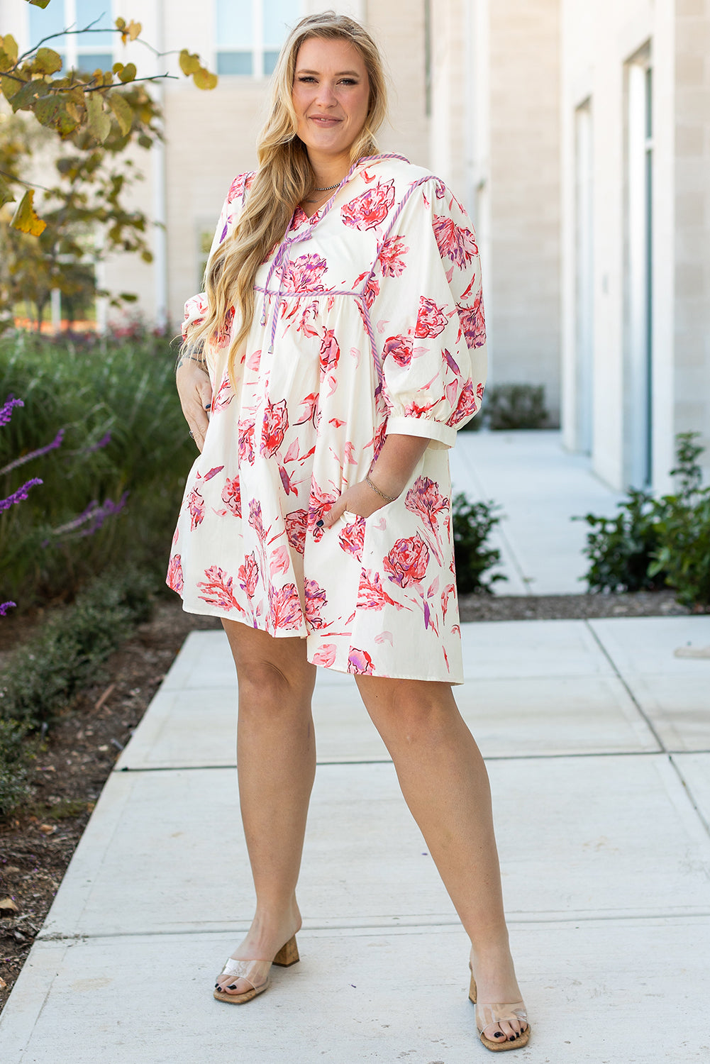 White Floral Print Lace up V Neck Balloon Sleeve Plus Size Shift Mini Dress Plus Size Mini Dresses JT's Designer Fashion
