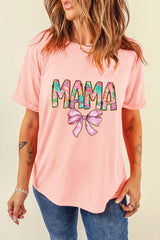 Pink Floral MAMA Bowknot Print Crewneck T Shirt Graphic Tees JT's Designer Fashion