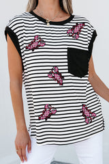 Black Stripe Sequined Lobster Patched Pocket Casual Tank Top Graphic Tees JT's Designer Fashion
