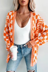 Orange Checkered Open Front Drop Shoulder Cardigan Cardigans JT's Designer Fashion
