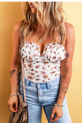 White Floral V Cut Frilled Trim Spaghetti Straps Bodysuit Bottoms JT's Designer Fashion