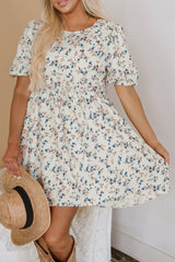Beige Floral Puff Short Sleeve Empire Waist Mini Dress Floral Dresses JT's Designer Fashion