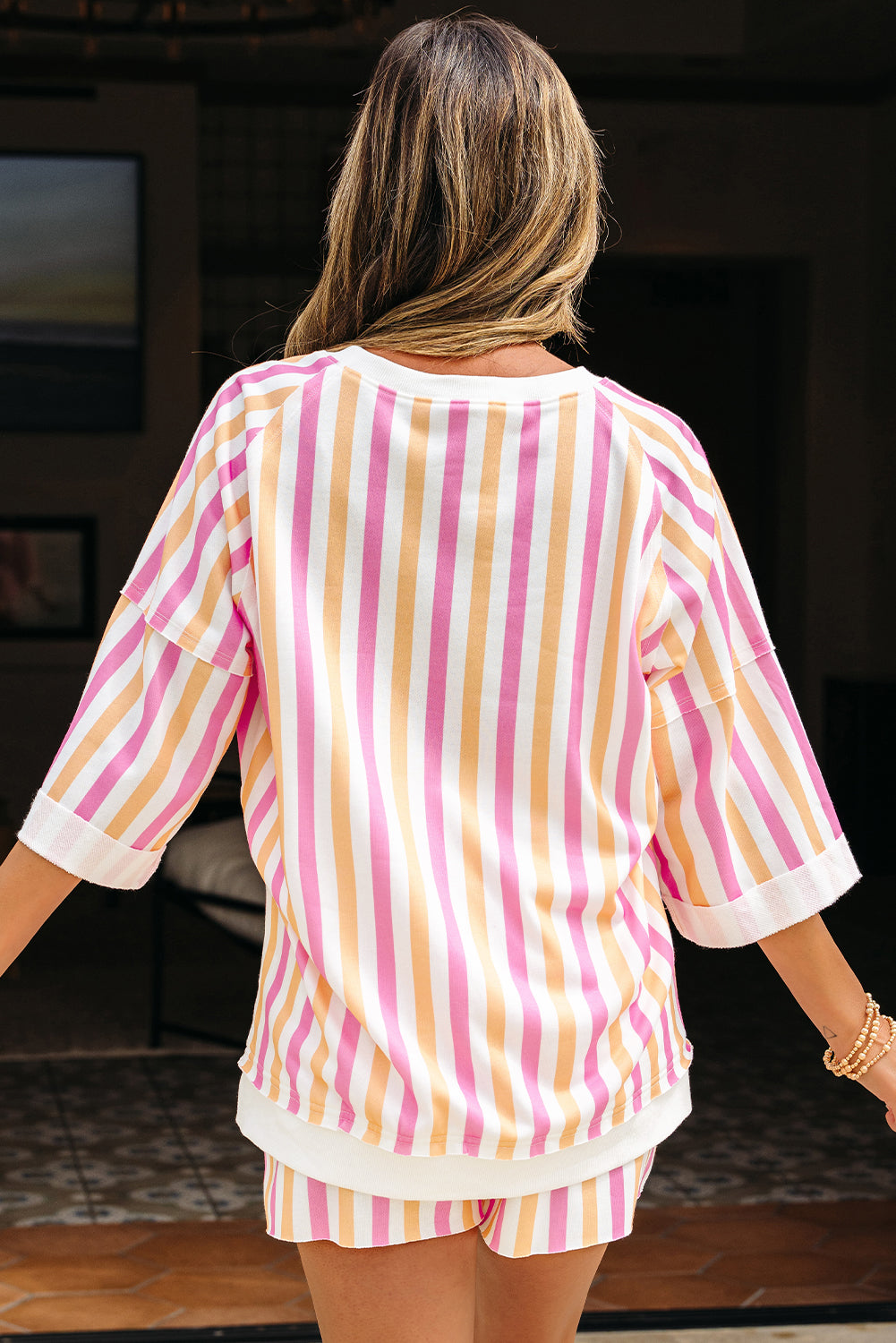 Pink Stripe Drop Shoulder Half Sleeve Loose Tee and Shorts Casual Set Short Sets JT's Designer Fashion