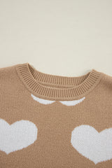 Khaki Contrast Heart Pattern Round Neck Sweater Sweaters JT's Designer Fashion