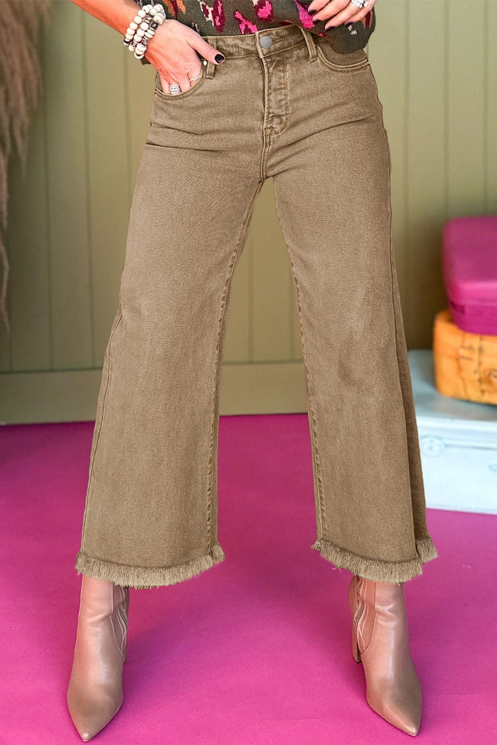 Light French Beige Acid Washed High Rise Cropped Wide Leg Jeans Jeans JT's Designer Fashion