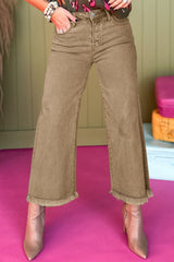 Light French Beige Acid Washed High Rise Cropped Wide Leg Jeans Jeans JT's Designer Fashion