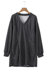 Black Striped V Neck Long Puff Sleeve Shift Dress Mini Dresses JT's Designer Fashion