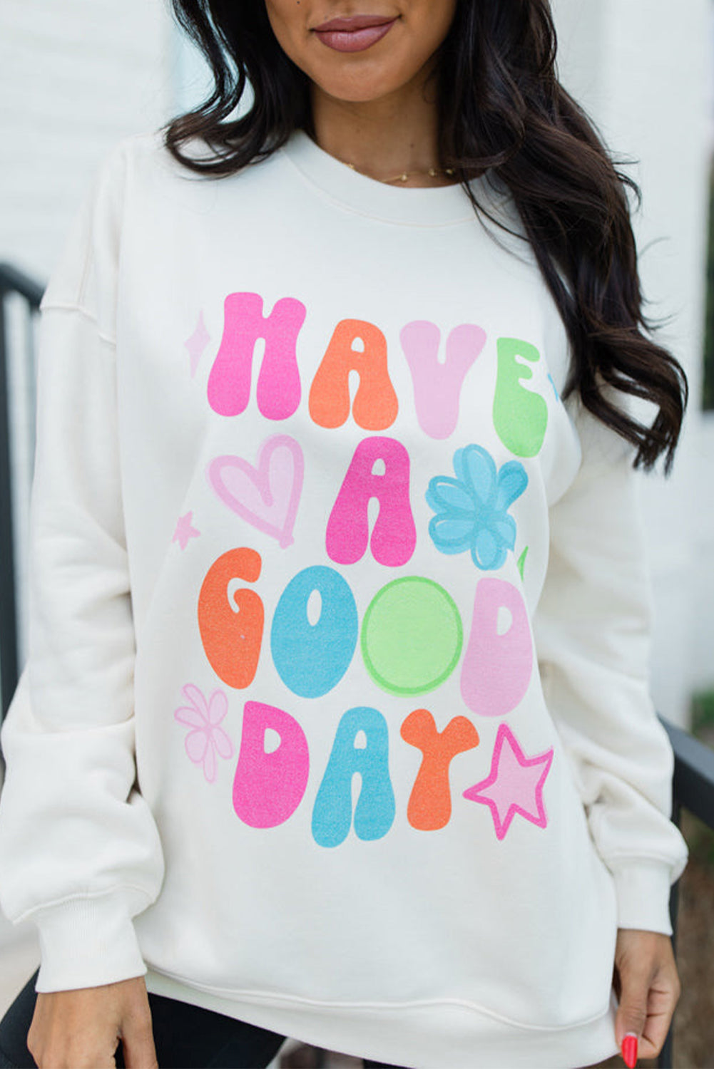 Beige HAVE A GOOD DAY Drop Shoulder Graphic Sweatshirt Beige 50%Polyester+50%Cotton Graphic Sweatshirts JT's Designer Fashion