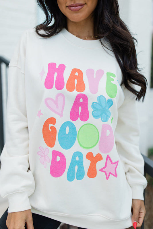Beige HAVE A GOOD DAY Drop Shoulder Graphic Sweatshirt Beige 50%Polyester+50%Cotton Graphic Sweatshirts JT's Designer Fashion