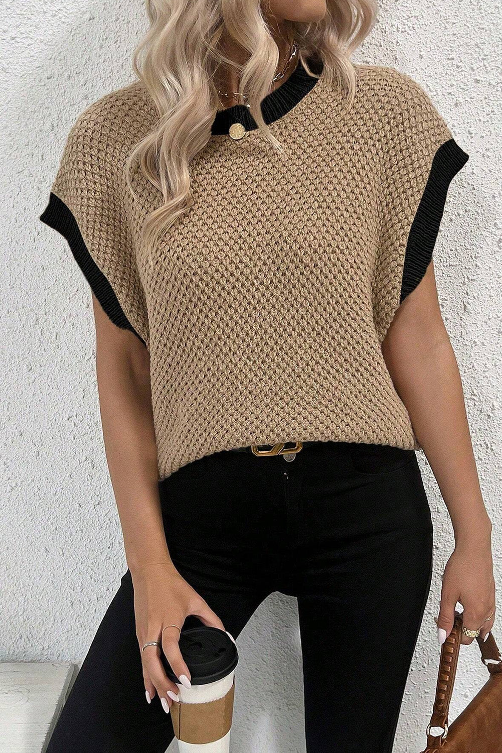 Light French Beige Contrast Trim Round Neck Batwing Sleeve Sweater Top Sweaters & Cardigans JT's Designer Fashion