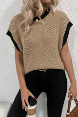 Light French Beige Contrast Trim Round Neck Batwing Sleeve Sweater Top Sweaters & Cardigans JT's Designer Fashion