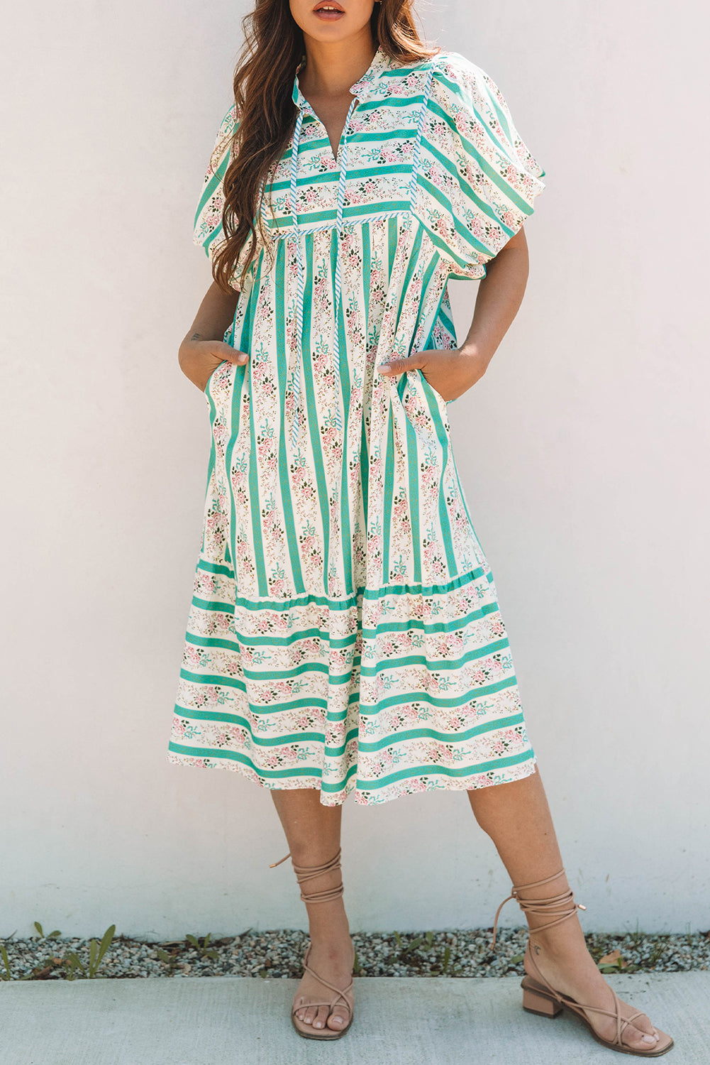 Multicolour Striped Floral Print Tie Split Neck Puff Sleeve Midi Dress Floral Dresses JT's Designer Fashion