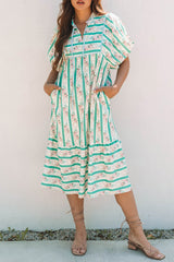 Multicolour Striped Floral Print Tie Split Neck Puff Sleeve Midi Dress Floral Dresses JT's Designer Fashion