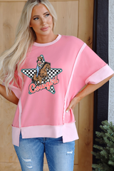 Peach Blossom Cowgirl Checkered Star Shape Print Exposed Seam T Shirt Graphic Tees JT's Designer Fashion
