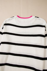 White Stripe Color Contrast Drop Shoulder Crew Neck Sweater Sweaters JT's Designer Fashion