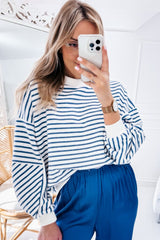 Blue Stripe Drop Shoulder Crew Neck Loose Sweatshirt Sweatshirts & Hoodies JT's Designer Fashion