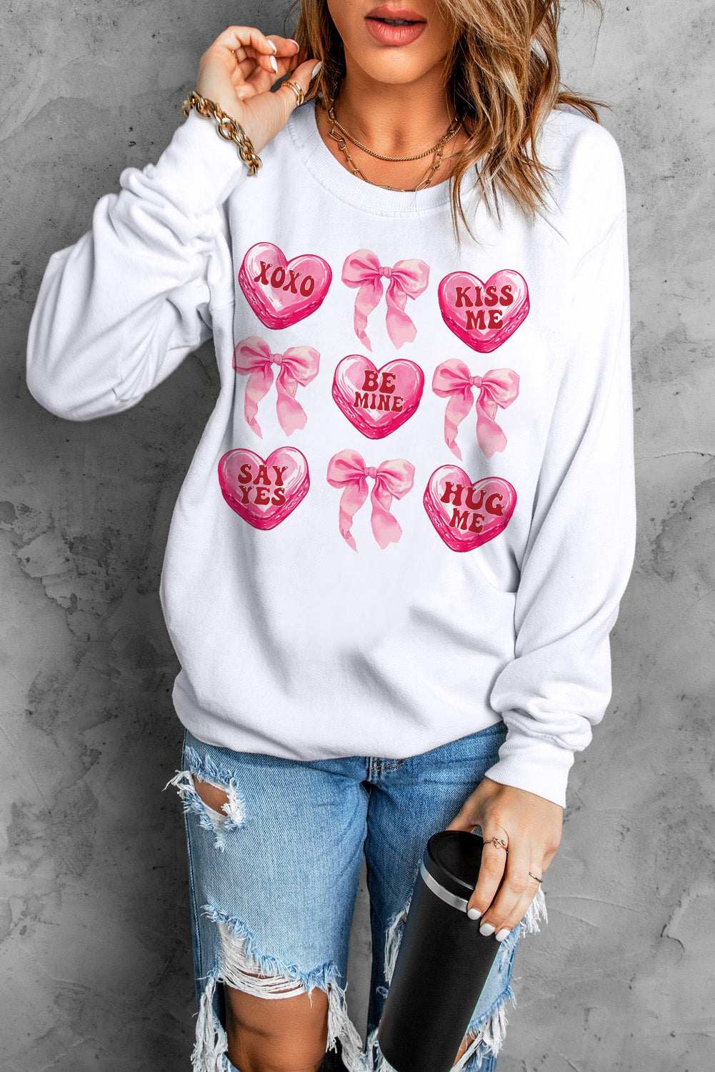 White Valentine Candy Heart & Bow Graphic Sweatshirt Graphic Sweatshirts JT's Designer Fashion