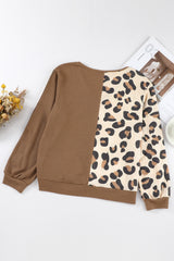 Brown Leopard Splicing Waffle Knit V Neck Top Long Sleeve Tops JT's Designer Fashion