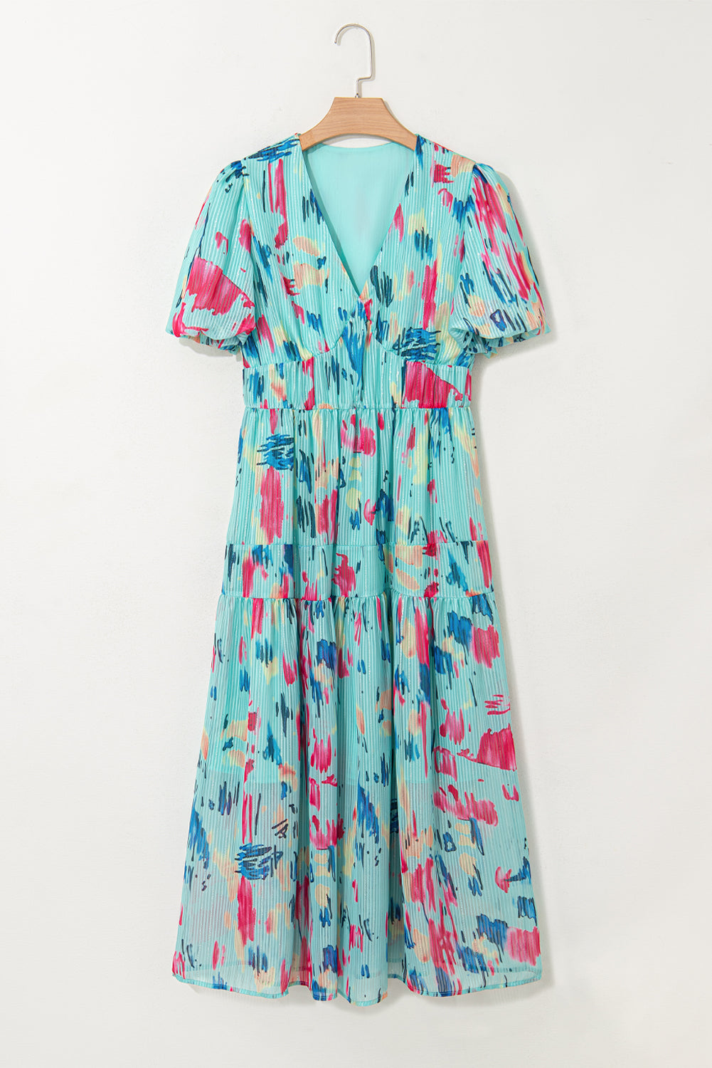 Sky Blue Abstract Print Short Puff Sleeve Tiered Long Dress Maxi Dresses JT's Designer Fashion