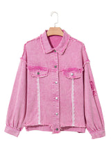 Pink Lace Patchwork Distressed Buttoned Denim Jacket Denim Jackets JT's Designer Fashion