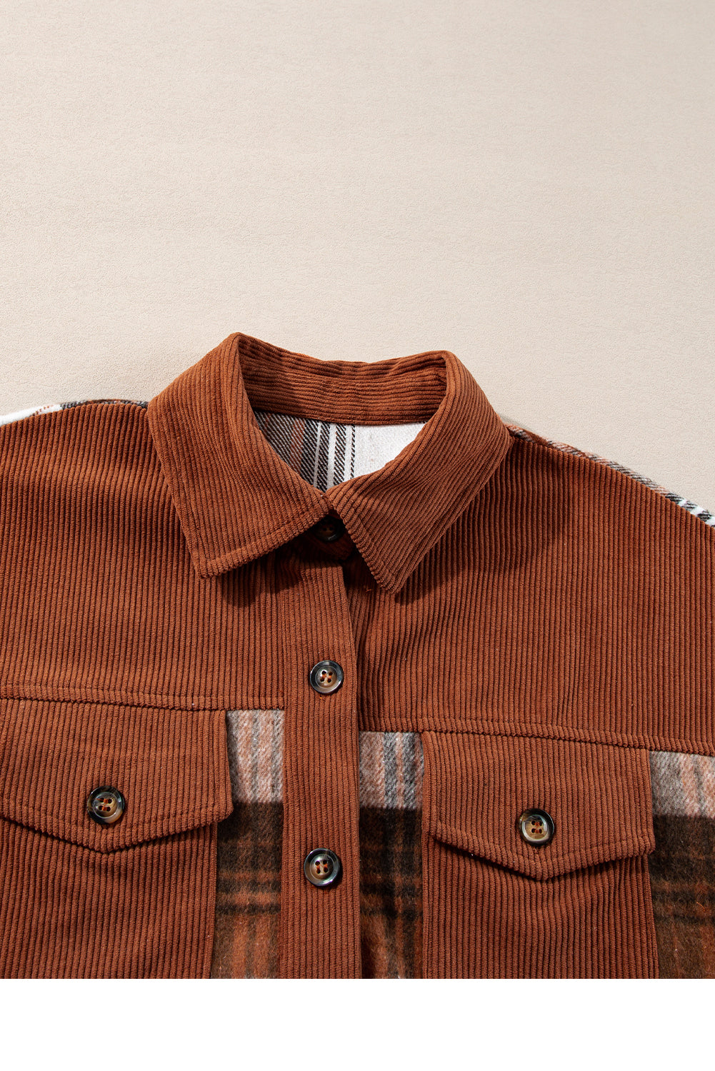 Cinnamon Plaid Corduroy Patchwork Chest Pocket Shacket Plaid Shackets JT's Designer Fashion