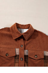 Cinnamon Plaid Corduroy Patchwork Chest Pocket Shacket Plaid Shackets JT's Designer Fashion