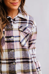 Pink Geometric Plaid Print Pocketed Shacket Plaid Shackets JT's Designer Fashion