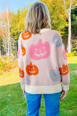 Beige Halloween Cute Pumpkin Pattern Sweater Sweaters JT's Designer Fashion